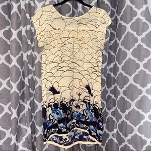 Abstract print silky mod artsy tunic mini dress Cream black blue short sleeved